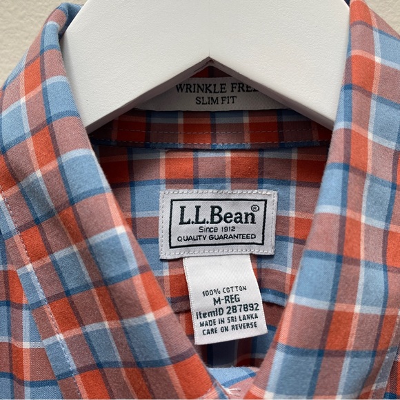 LL Bean Wrinkle Free Orange Blue Plaid Button-Down Shirt Men's Size Medium - Picture 3 of 5